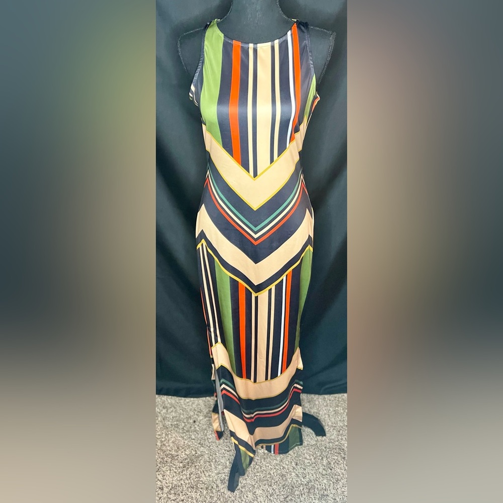 🤩 NEW ITEM! Chicme Colorful Striped Geometric Slit Maxi Dress Black Tan Orange